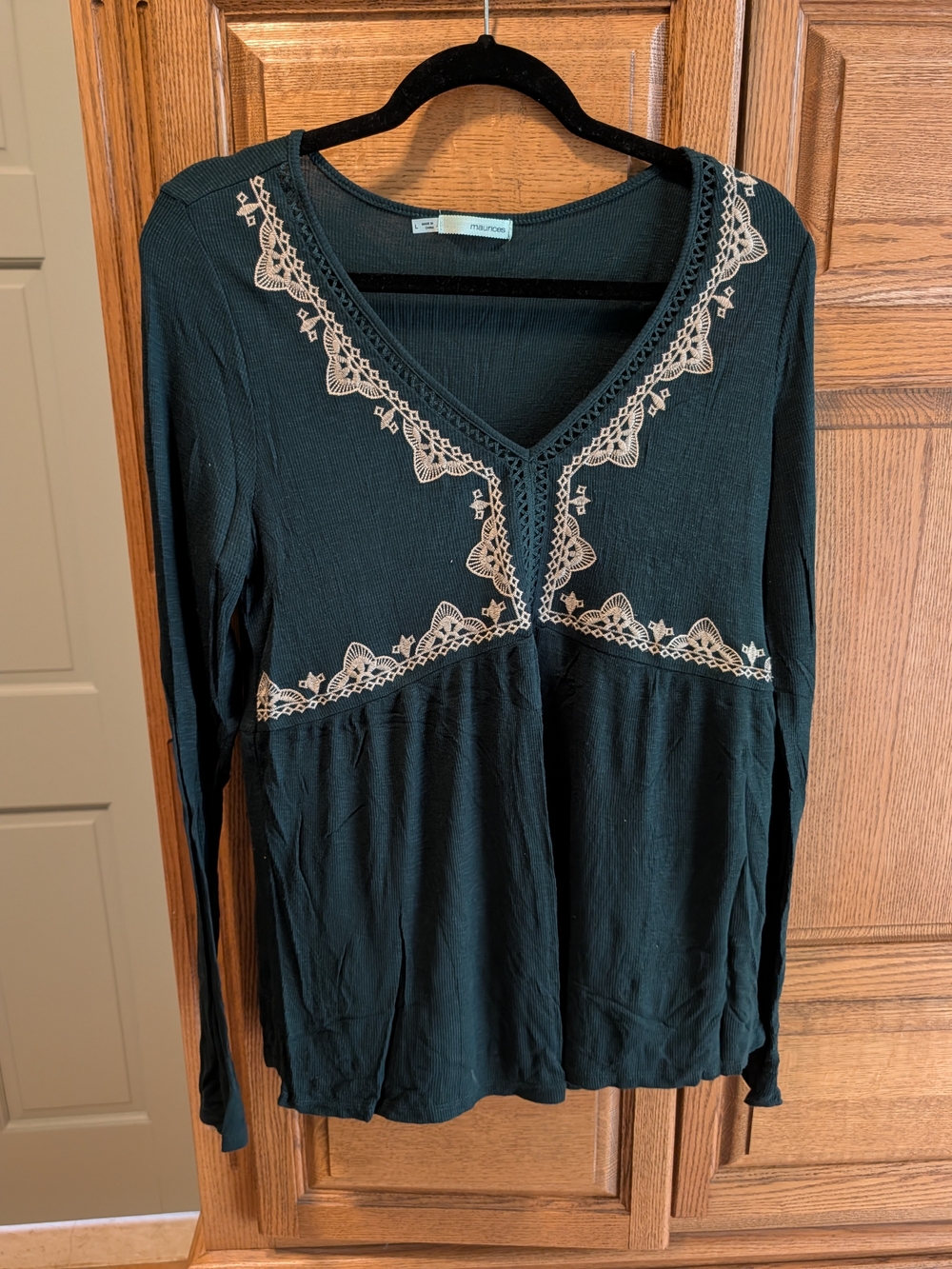 Maurices Green Long-Sleeve V-Neck Top with Cream Lace Trim